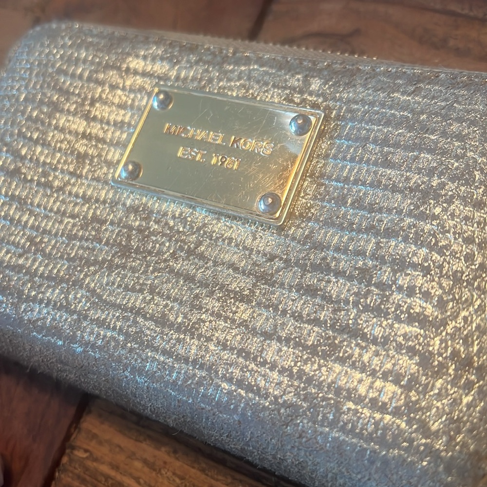 Michael Kors gold metallic snakeskin wristlet wallet, gold hardware